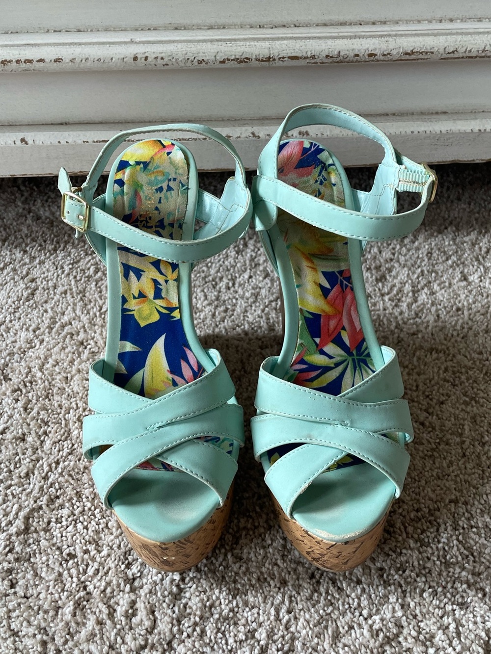 Light Blue Women's Cork Wedge Sandals - Ankle Strap